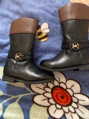 Michael Kors Black and Brown Logo Strap Riding Boots